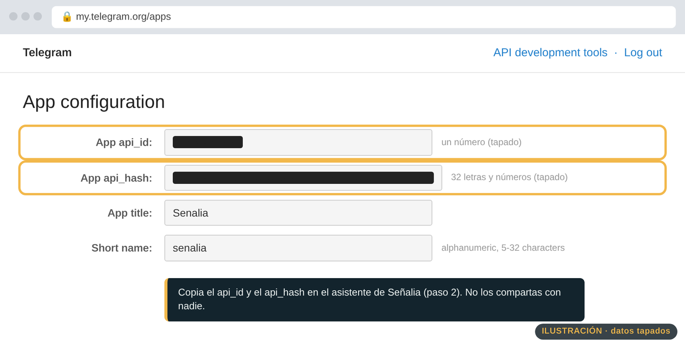 La página «API development tools» de my.telegram.org, con api_id y api_hash (tapados).