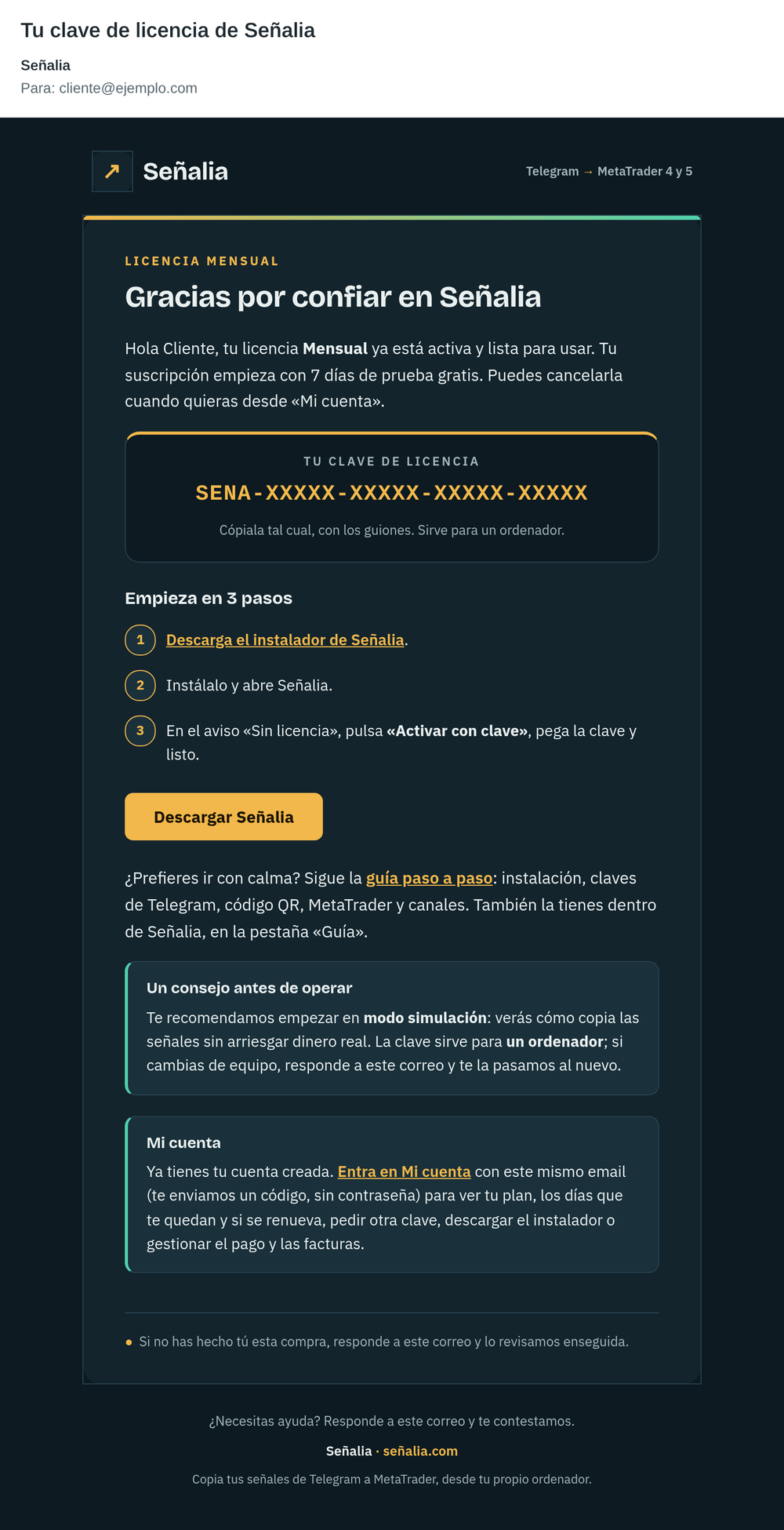 El correo de bienvenida, con la clave SENA- (tapada) y el botón «Descargar Señalia».