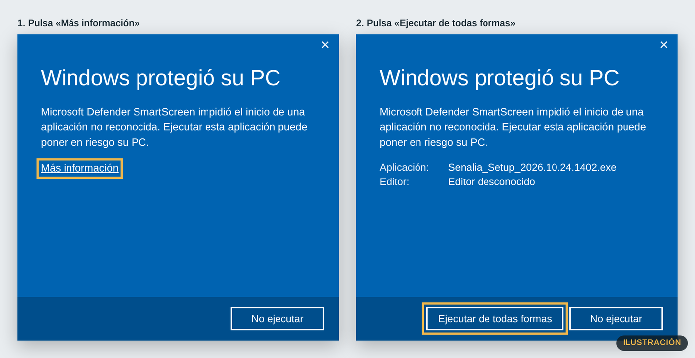 El aviso azul «Windows protegió su PC» con «Más información» y «Ejecutar de todas formas».