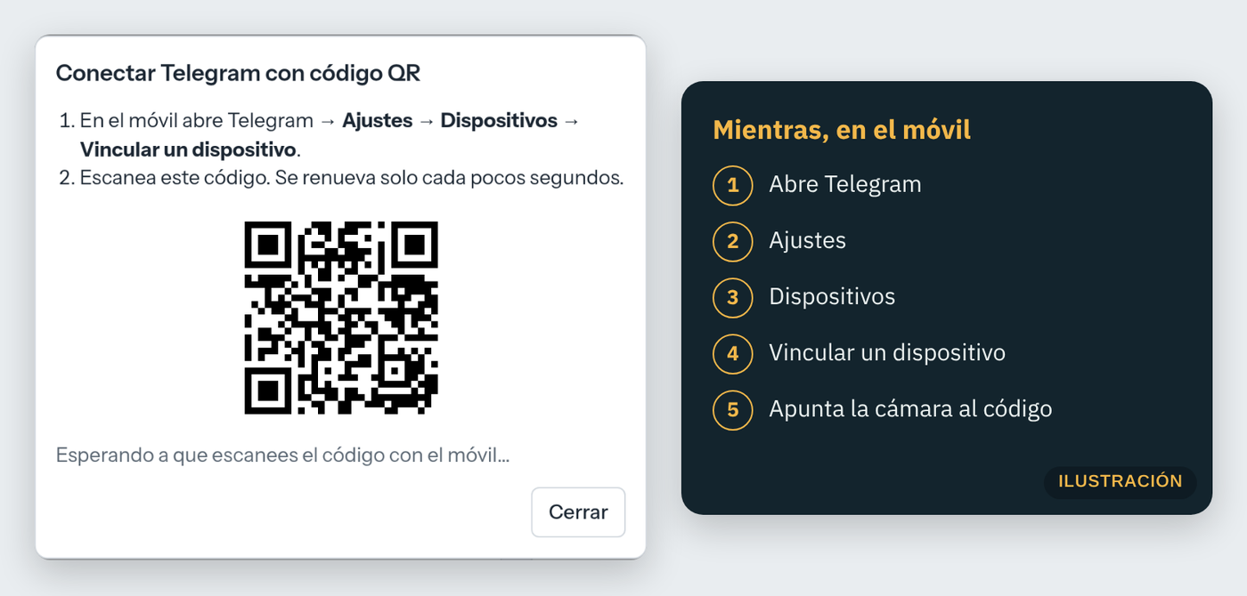 El código QR en el panel y, al lado, «Vincular un dispositivo» en el móvil.