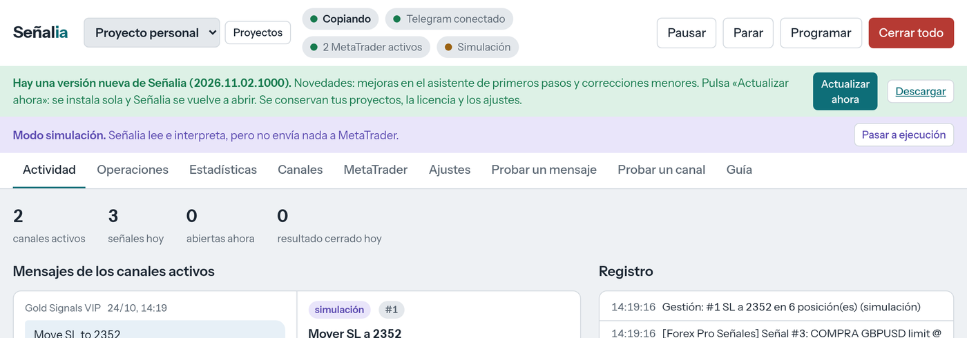 El aviso «Hay una versión nueva de Señalia» arriba del panel.